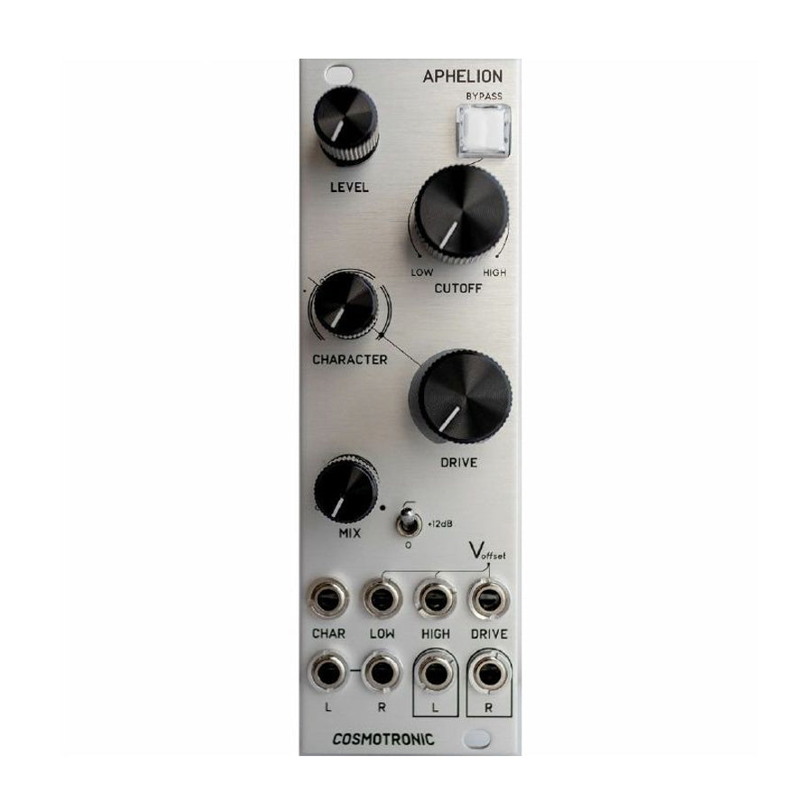 Silver electronic module with black knobs, toggle switch, button, and multiple input/output jacks labeled for audio control.