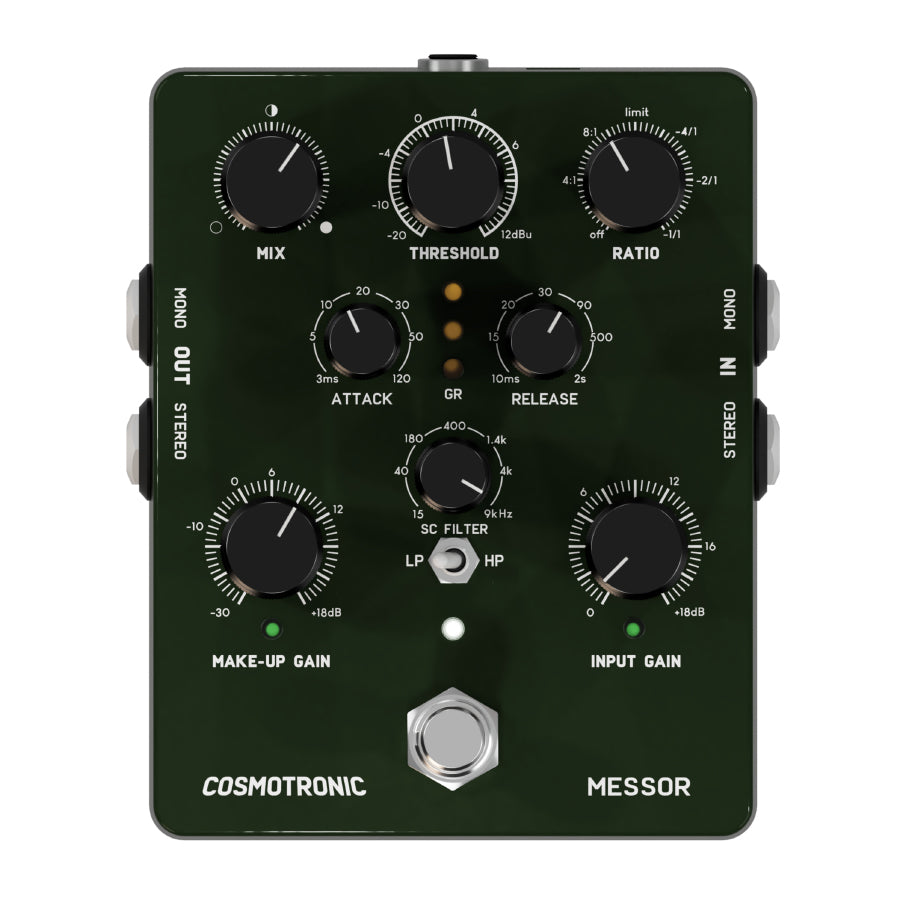 Dark green audio effects pedal with multiple control knobs and footswitch, labeled Cosmotronic Messor.