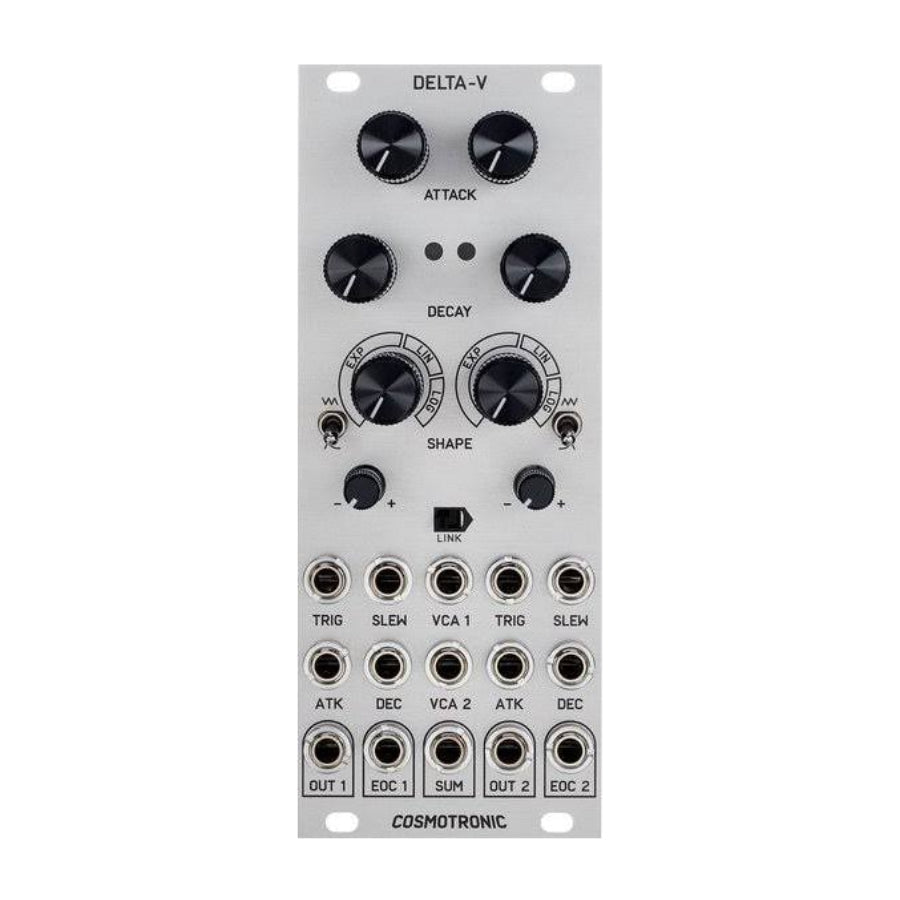 Silver eurorack module with multiple knobs, toggle switches, and patch jacks labeled with attack, decay, shape, and other controls