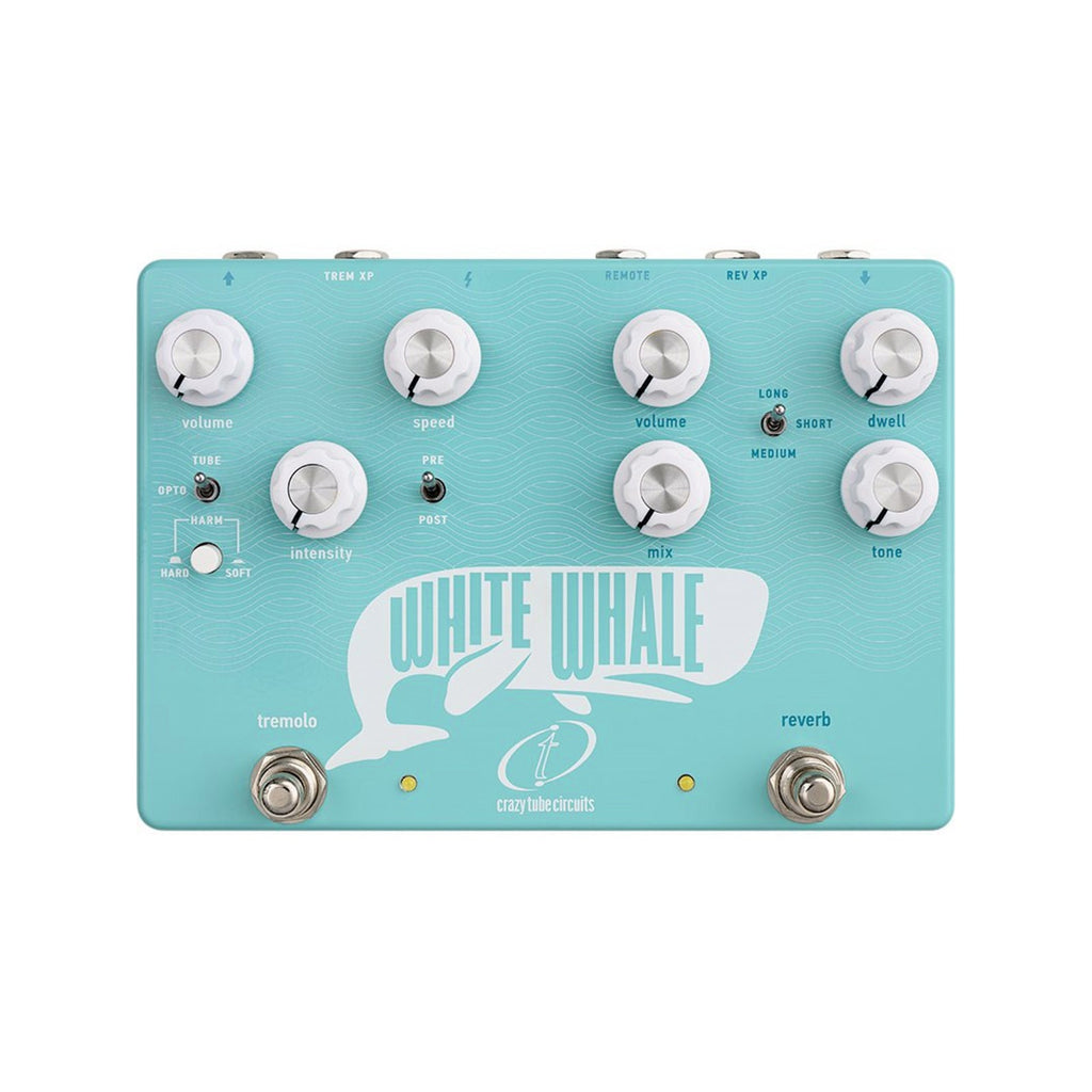 Light blue guitar effects pedal with multiple knobs, toggle switches, and two footswitches labeled tremolo and reverb.