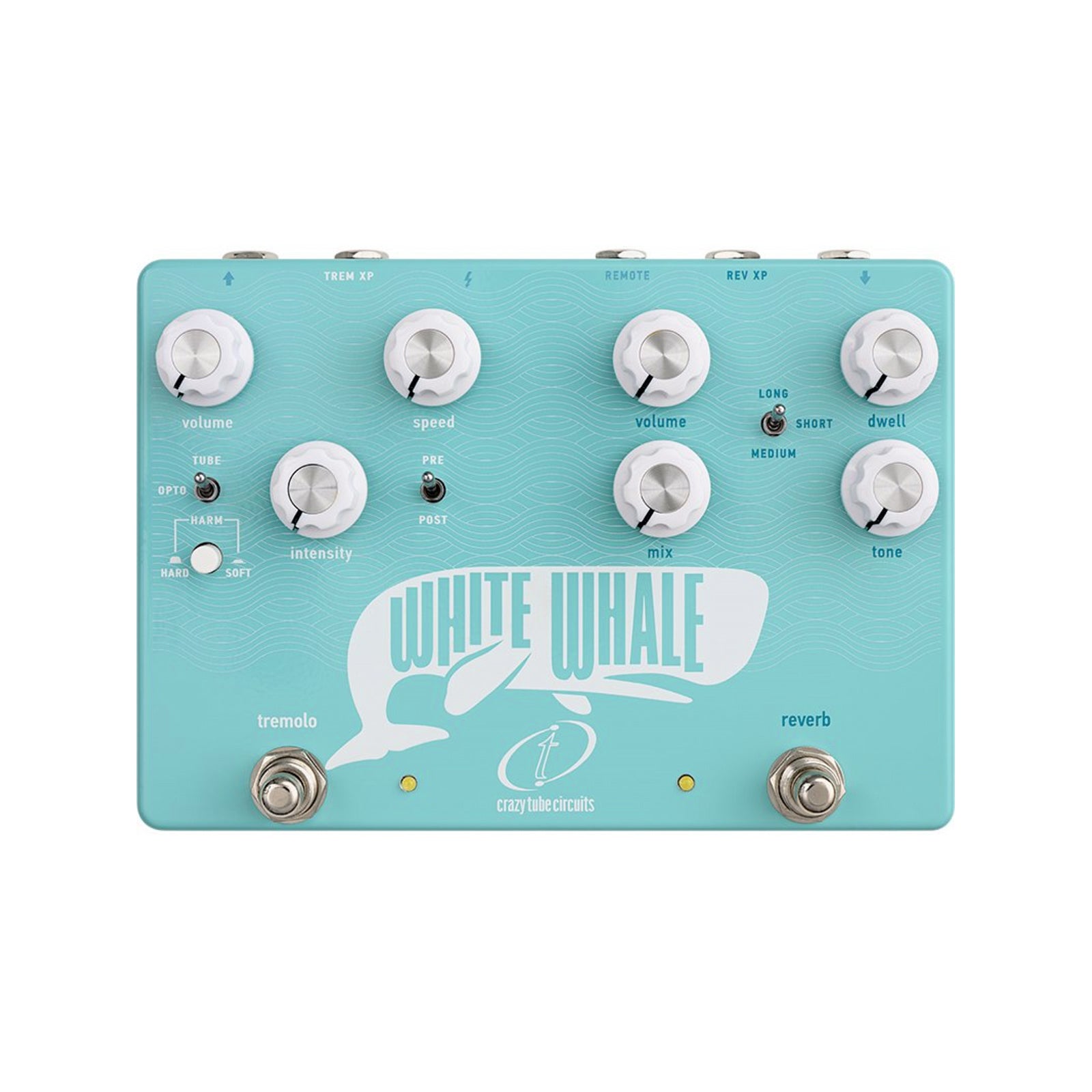 Light blue guitar effects pedal with multiple knobs, toggle switches, and two footswitches labeled tremolo and reverb.