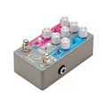 Gray effects pedal with multiple white knobs, toggle switches, and two footswitches labeled for reverb and delay modulation.