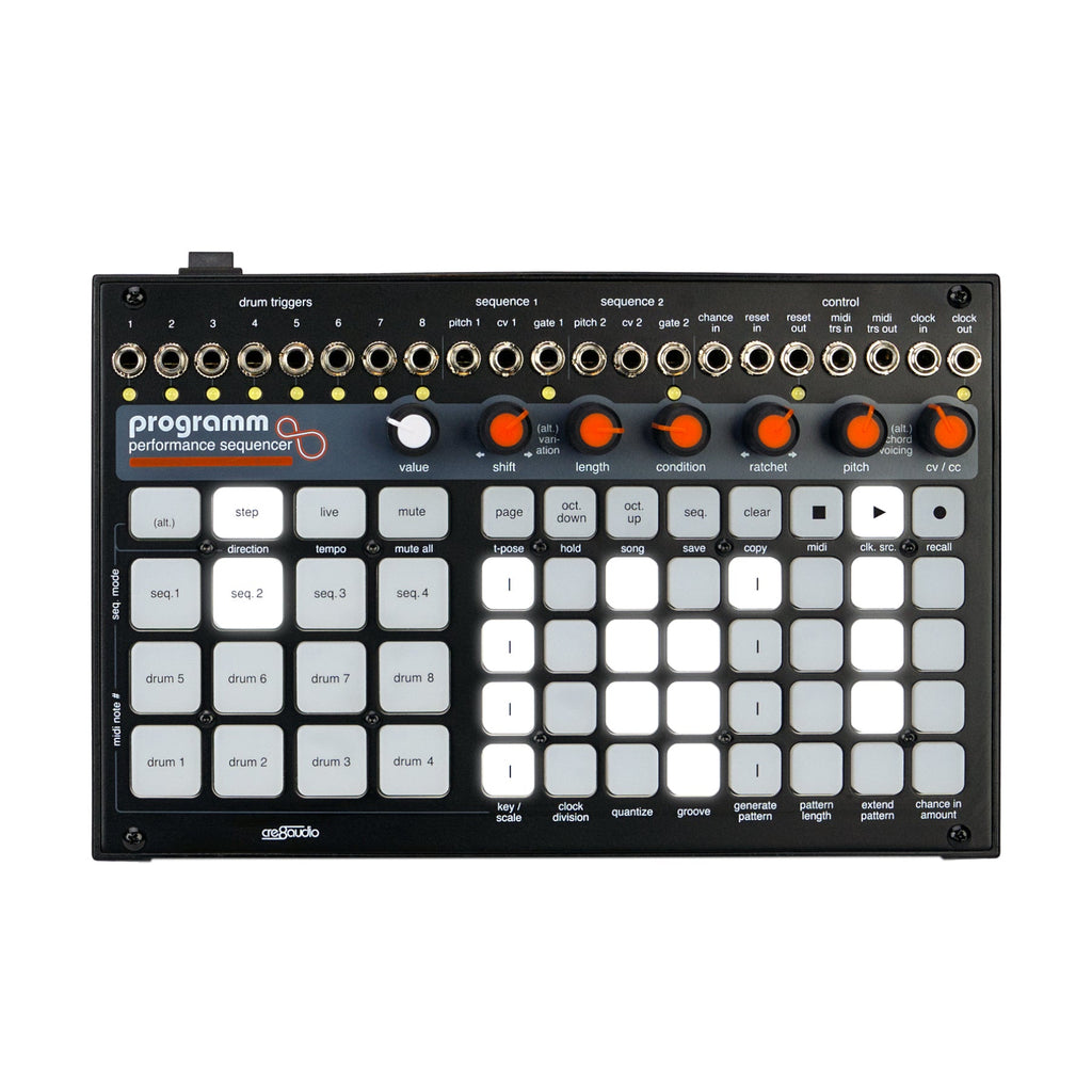 Black performance sequencer with multiple knobs, 3.5mm jacks, buttons, and pads labeled for sequencing and drum triggers.