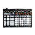 Black performance sequencer with multiple knobs, 3.5mm jacks, buttons, and pads labeled for sequencing and drum triggers.