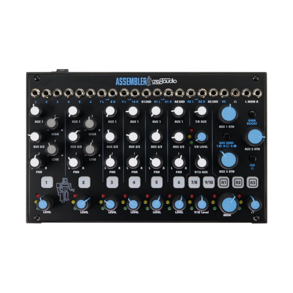 Top view of a Cre8audio Assembler audio mixer with multiple rotary knobs, jack inputs, and buttons.