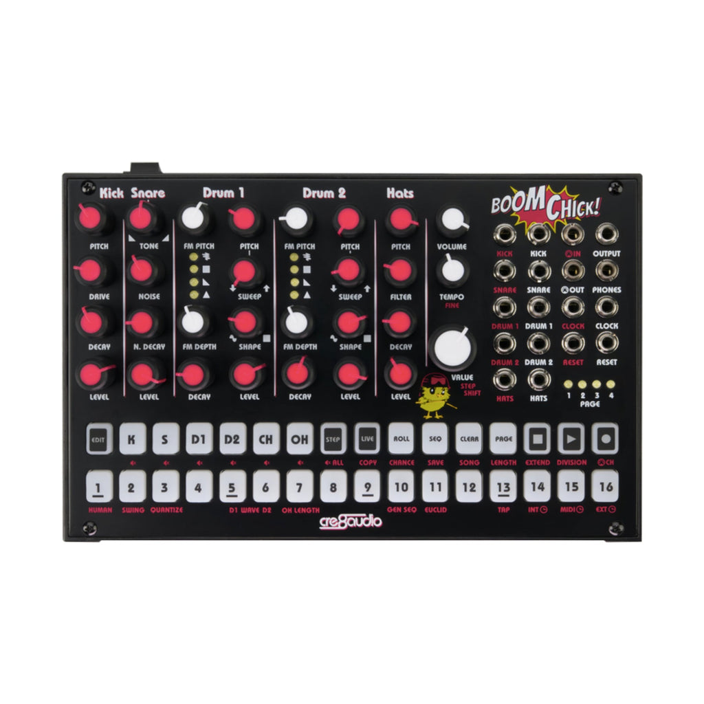 Top view of a drum machine with multiple knobs, buttons, and jacks labeled for different drum sounds and controls.