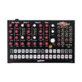 Top view of a drum machine with multiple knobs, buttons, and jacks labeled for different drum sounds and controls.