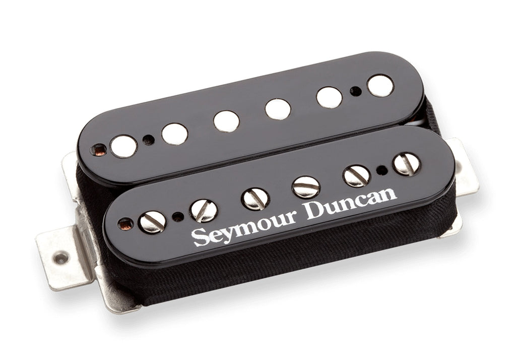 Black Seymour Duncan humbucker guitar pickup with metal mounting plate and visible pole pieces.