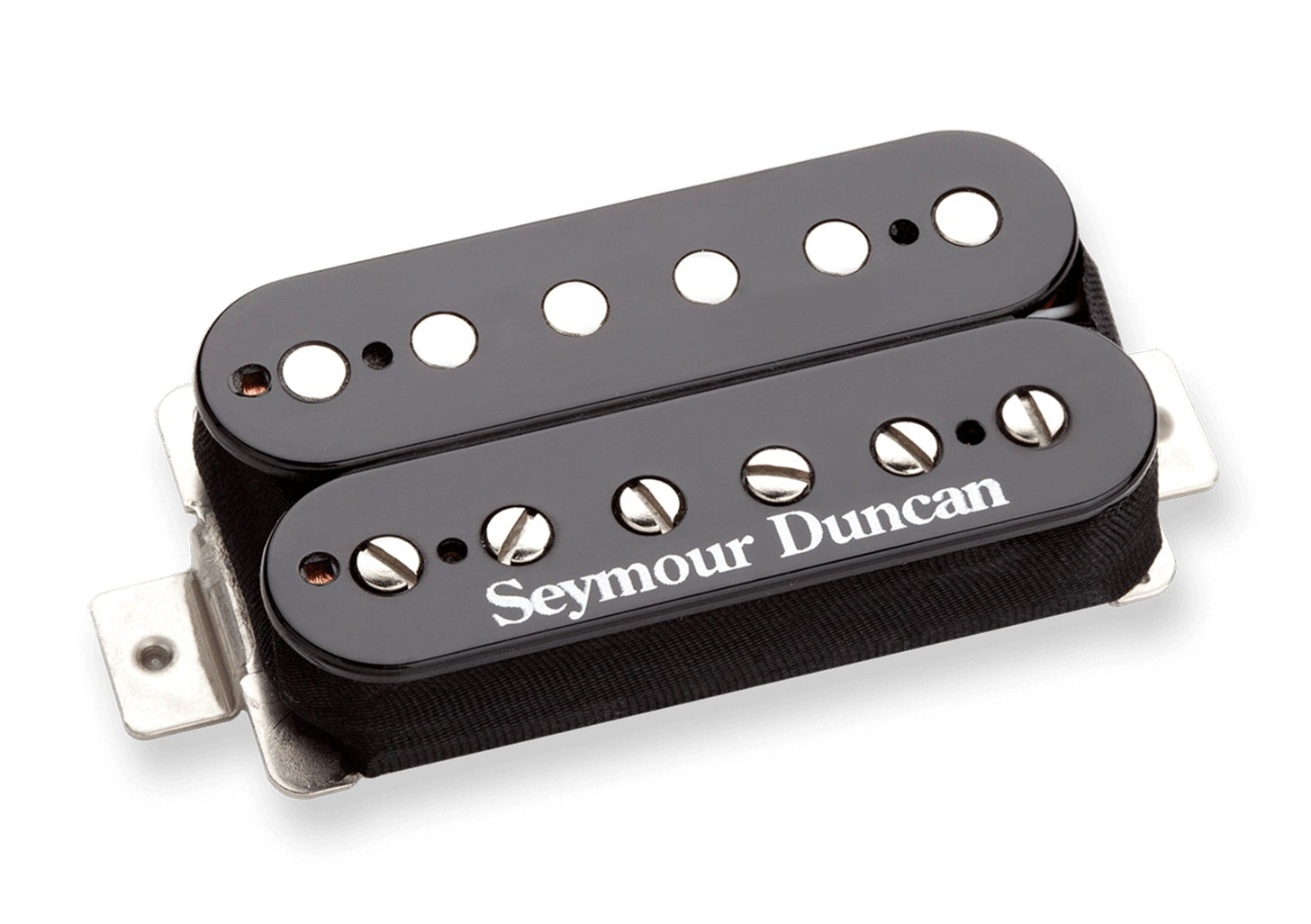 Black Seymour Duncan humbucker guitar pickup with metal mounting plate and visible pole pieces.