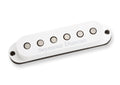 White single-coil guitar pickup with six metal pole pieces and Seymour Duncan logo on top.