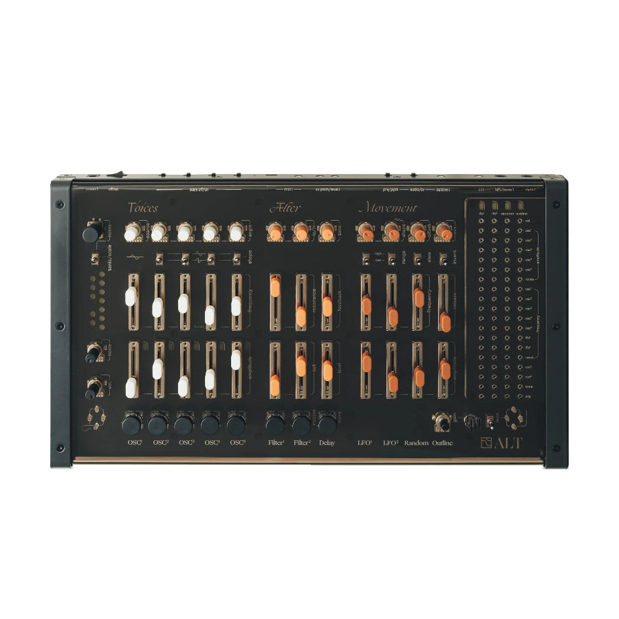 Front panel of a black audio synthesizer with multiple orange and white knobs and sliders labeled for oscillators, filters, and modulation controls.