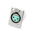 Silver metal panel mount with green 3-pin circular socket labeled Switchcraft and a push-release tab.