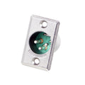 Silver metal panel mount with three pins and green circuit board backing visible inside.
