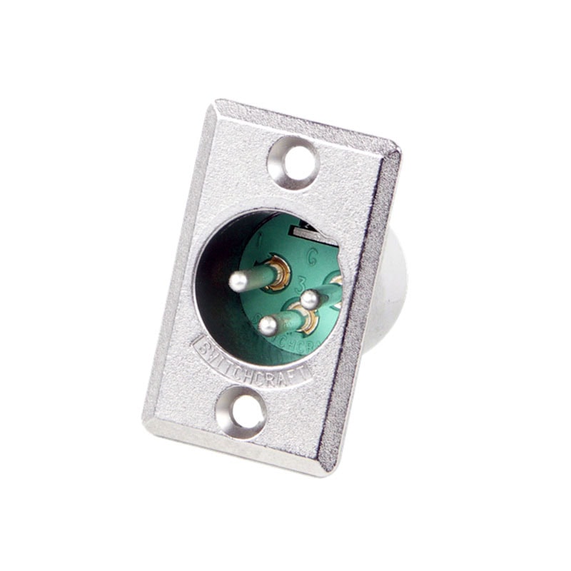Silver metal panel mount with three pins and green circuit board backing visible inside.