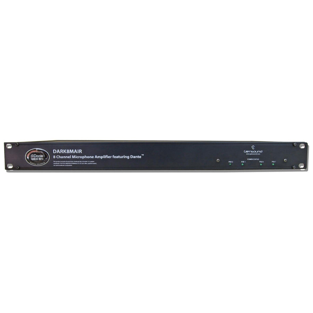 Front view of a black 1U rackmount Glensound DARK8MAIR 8 Channel Microphone Amplifier with status lights and branding text.