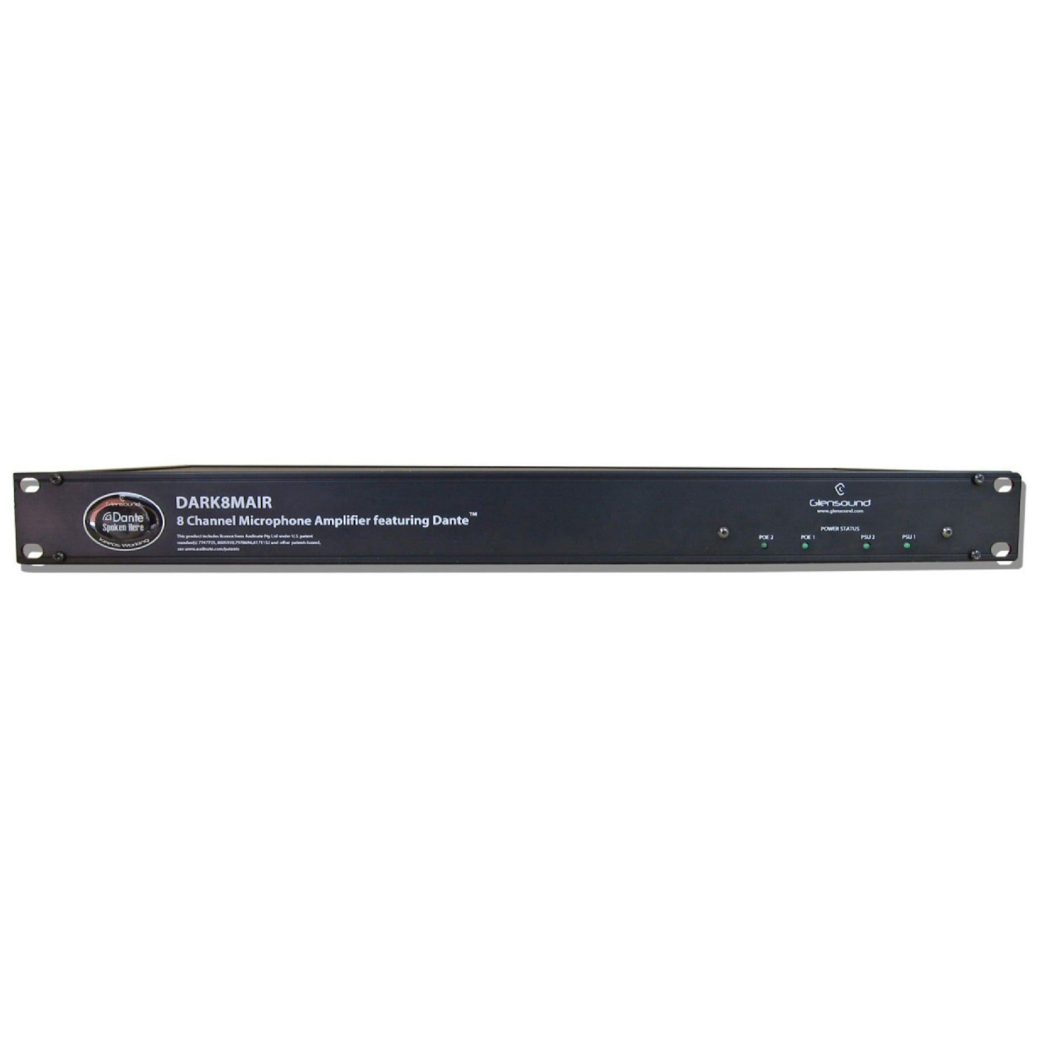 Front view of a black 1U rackmount Glensound DARK8MAIR 8 Channel Microphone Amplifier with status lights and branding text.