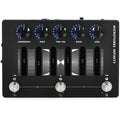 Black guitar effects pedal with five knobs, three footswitches, and blue LED indicators labeled Microtubes Infinity.