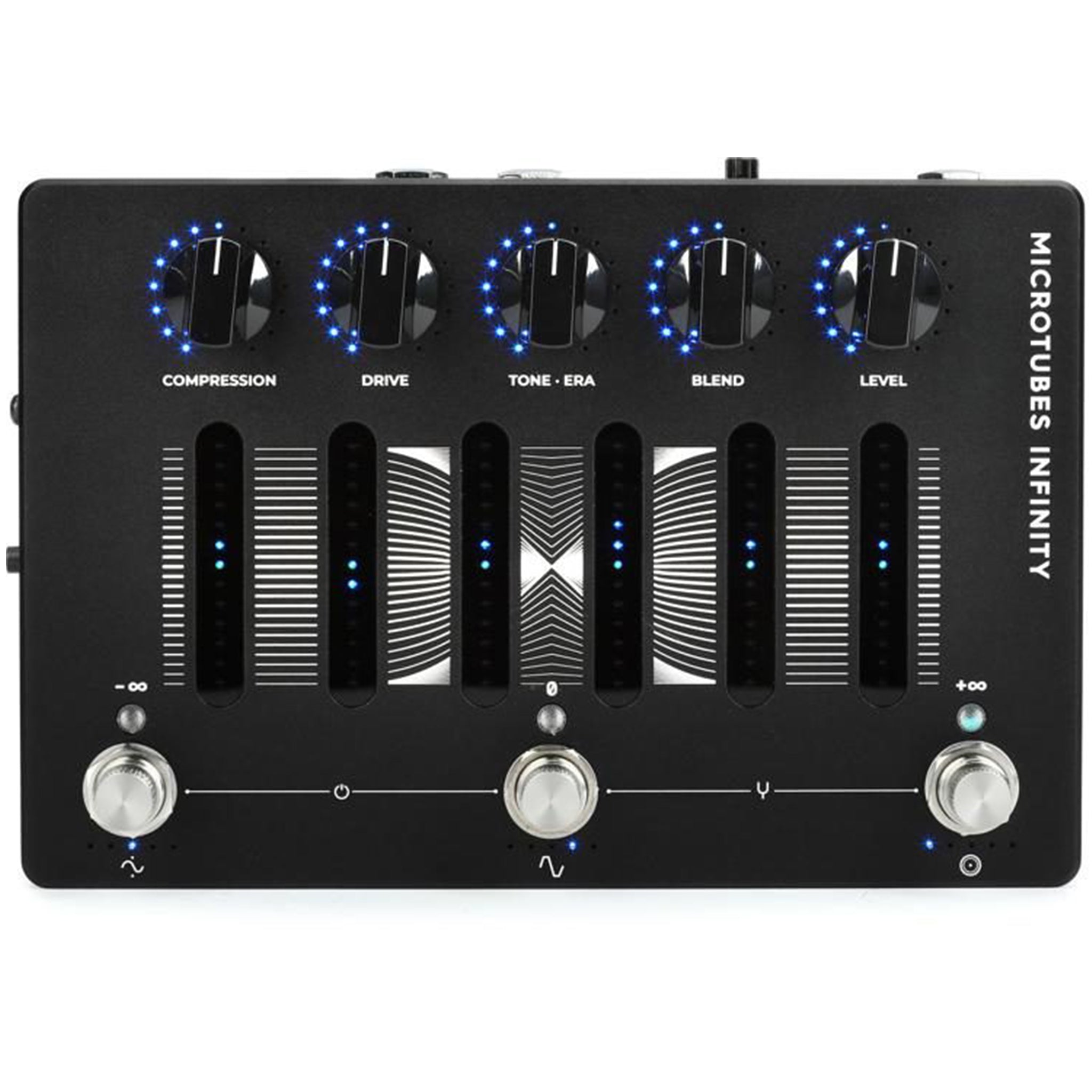 Black guitar effects pedal with five knobs, three footswitches, and blue LED indicators labeled Microtubes Infinity.