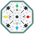 Octagonal white drum machine with colored buttons, sliders, toggle switches, and jack ports on edges.