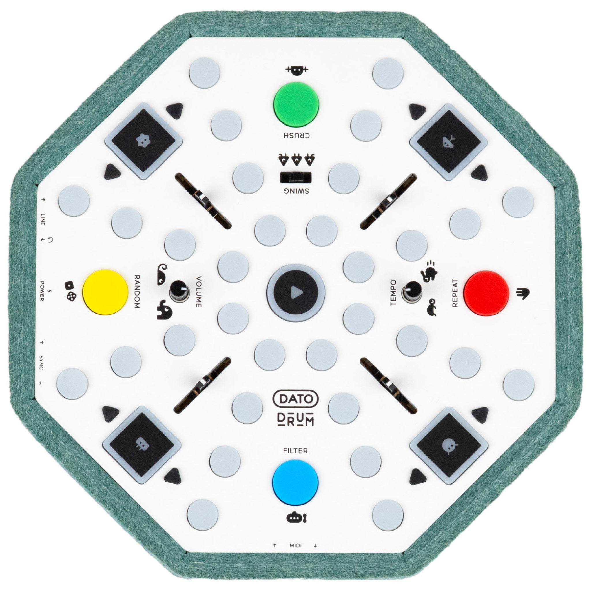 Octagonal white drum machine with colored buttons, sliders, toggle switches, and jack ports on edges.