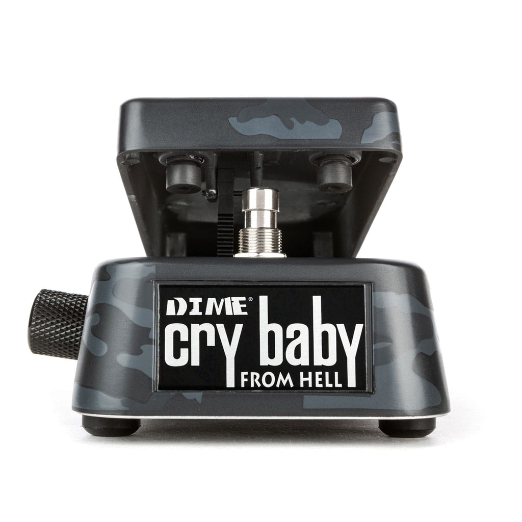 Black and grey camouflage patterned guitar effects pedal labeled 'DIME cry baby FROM HELL' with pedal raised.