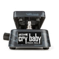 Black and grey camouflage patterned guitar effects pedal labeled 'DIME cry baby FROM HELL' with pedal raised.