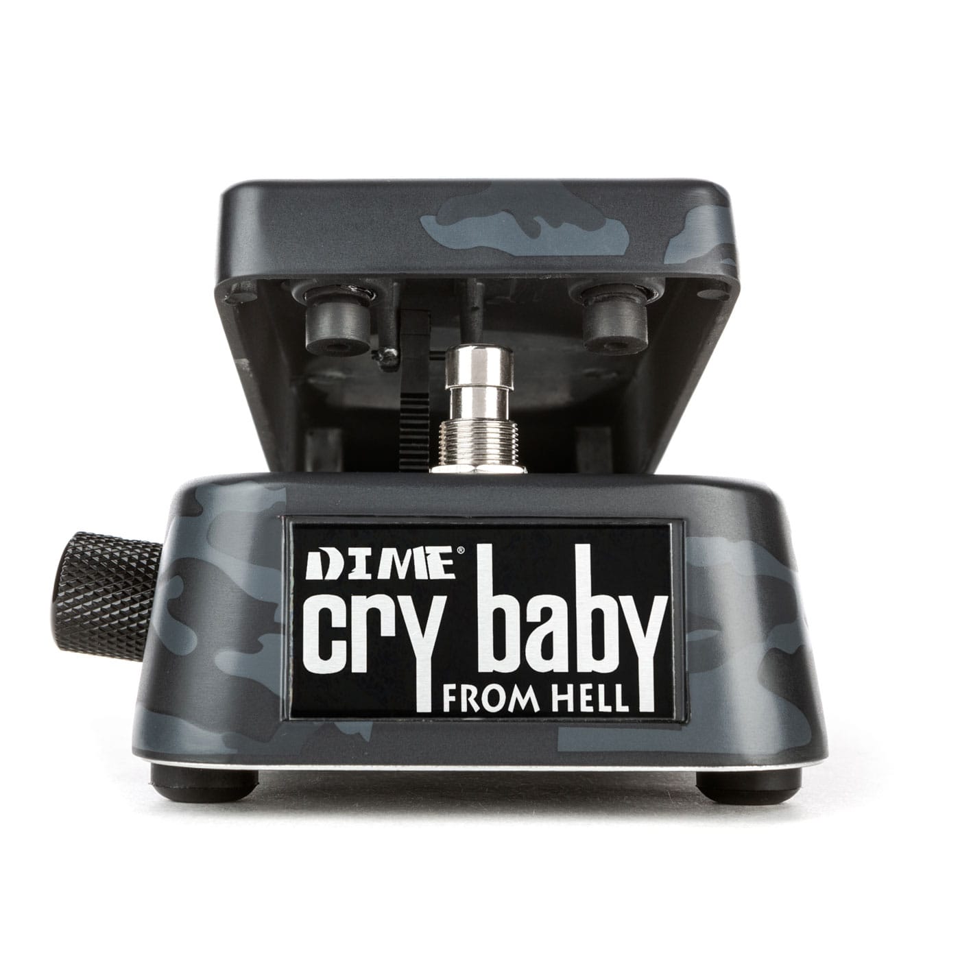 Black and grey camouflage patterned guitar effects pedal labeled 'DIME cry baby FROM HELL' with pedal raised.