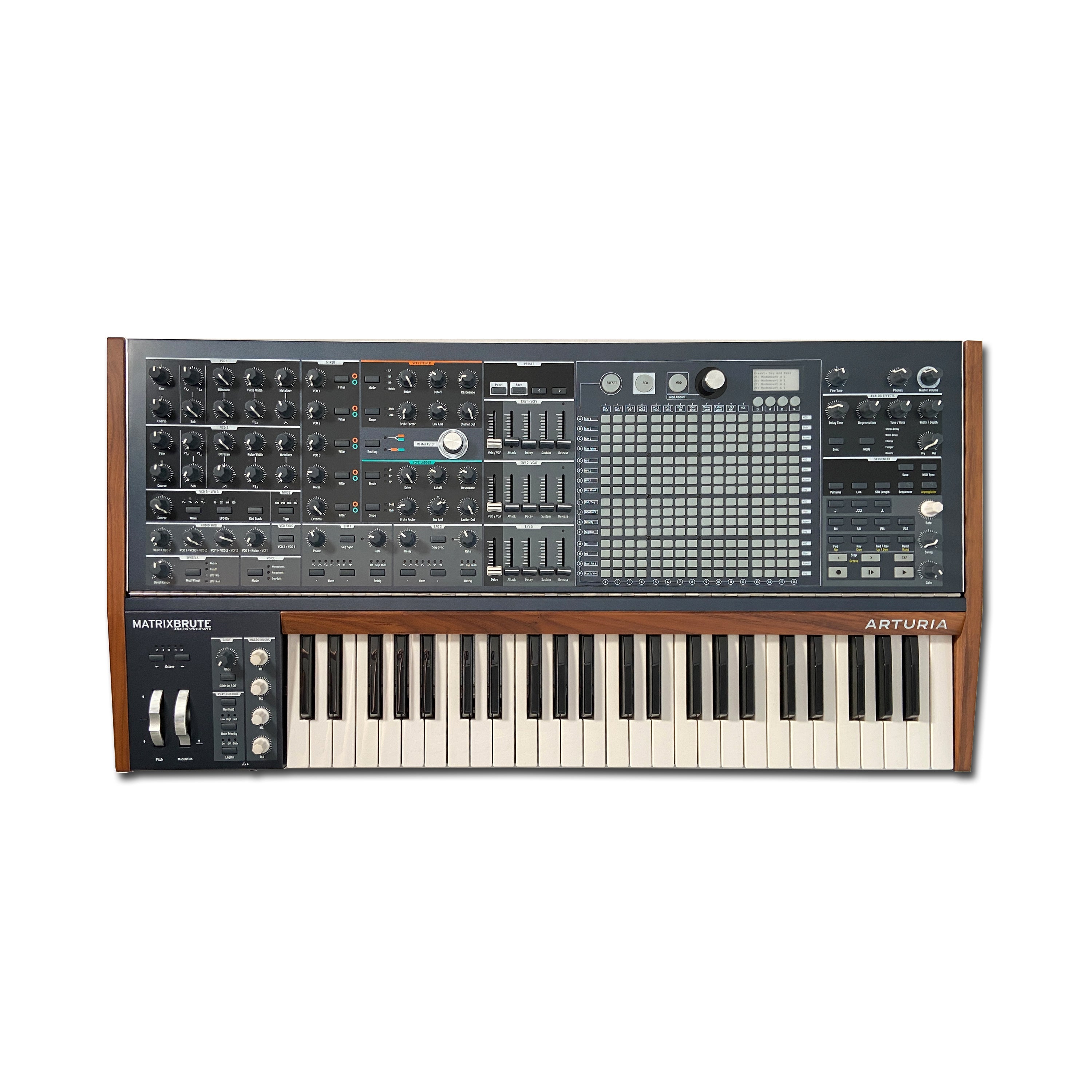 Analog synthesizer with keyboard, multiple knobs, buttons, faders, and a large grid control panel.