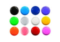 Twelve round plastic push buttons in various colors arranged in a grid on a white background.