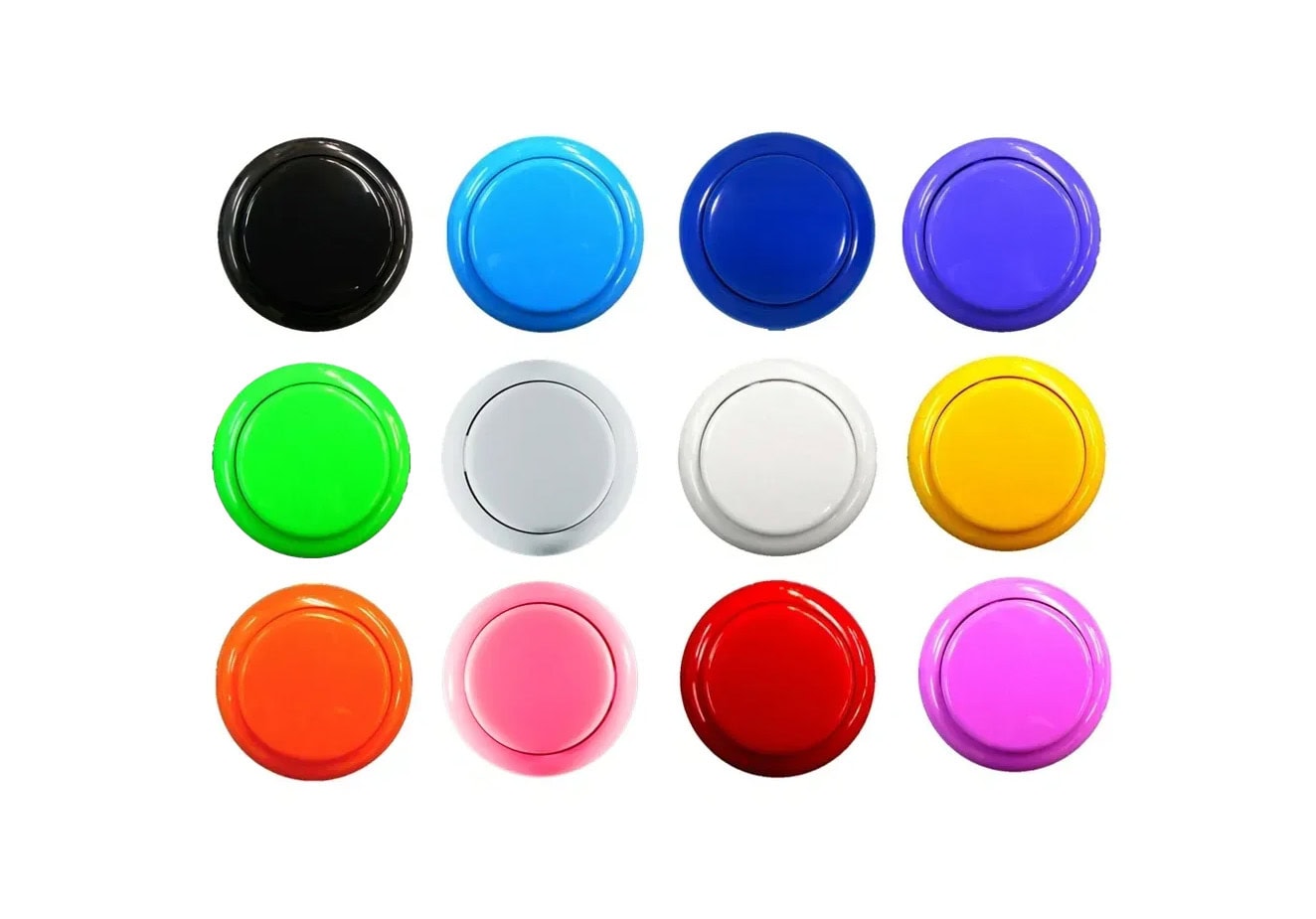 Twelve round plastic push buttons in various colors arranged in a grid on a white background.