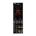 Black eurorack module with sliders, knobs, toggle switches, and audio jacks labeled with modulation and input/output functions.