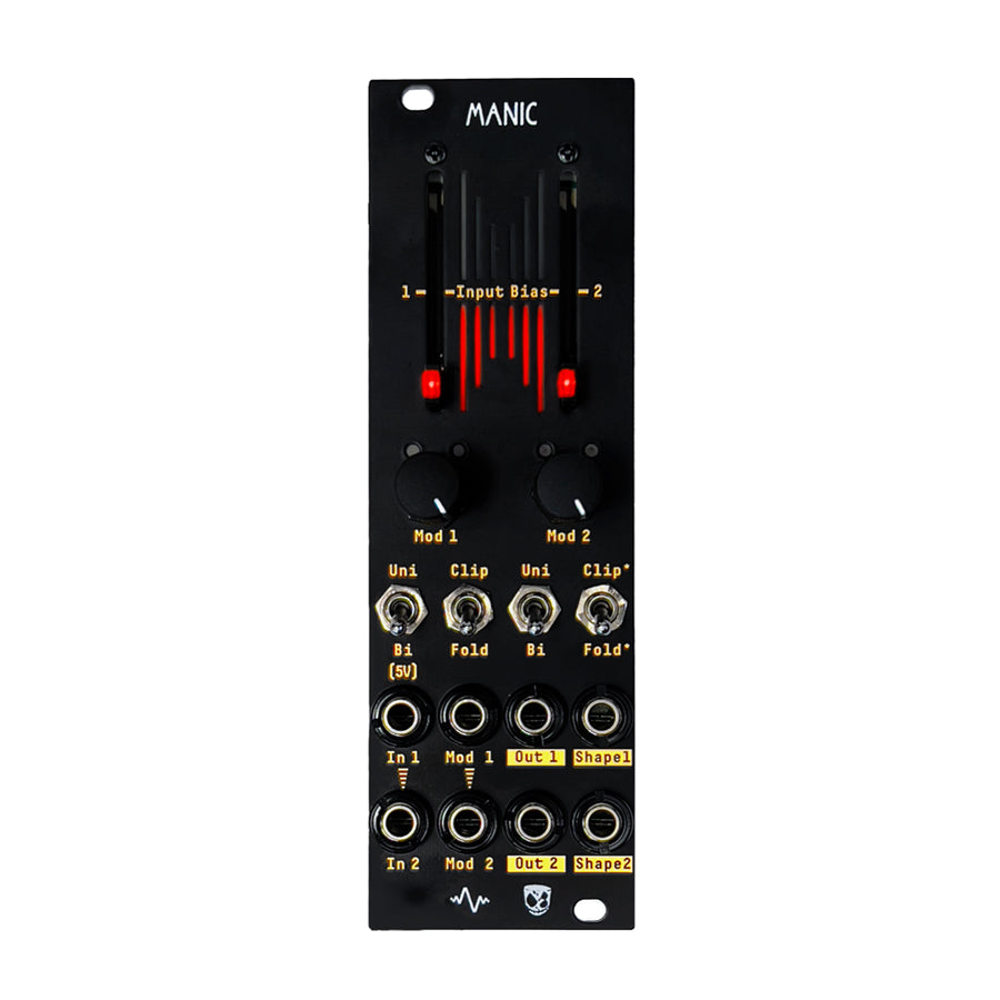 Black eurorack module with sliders, knobs, toggle switches, and audio jacks labeled with modulation and input/output functions.
