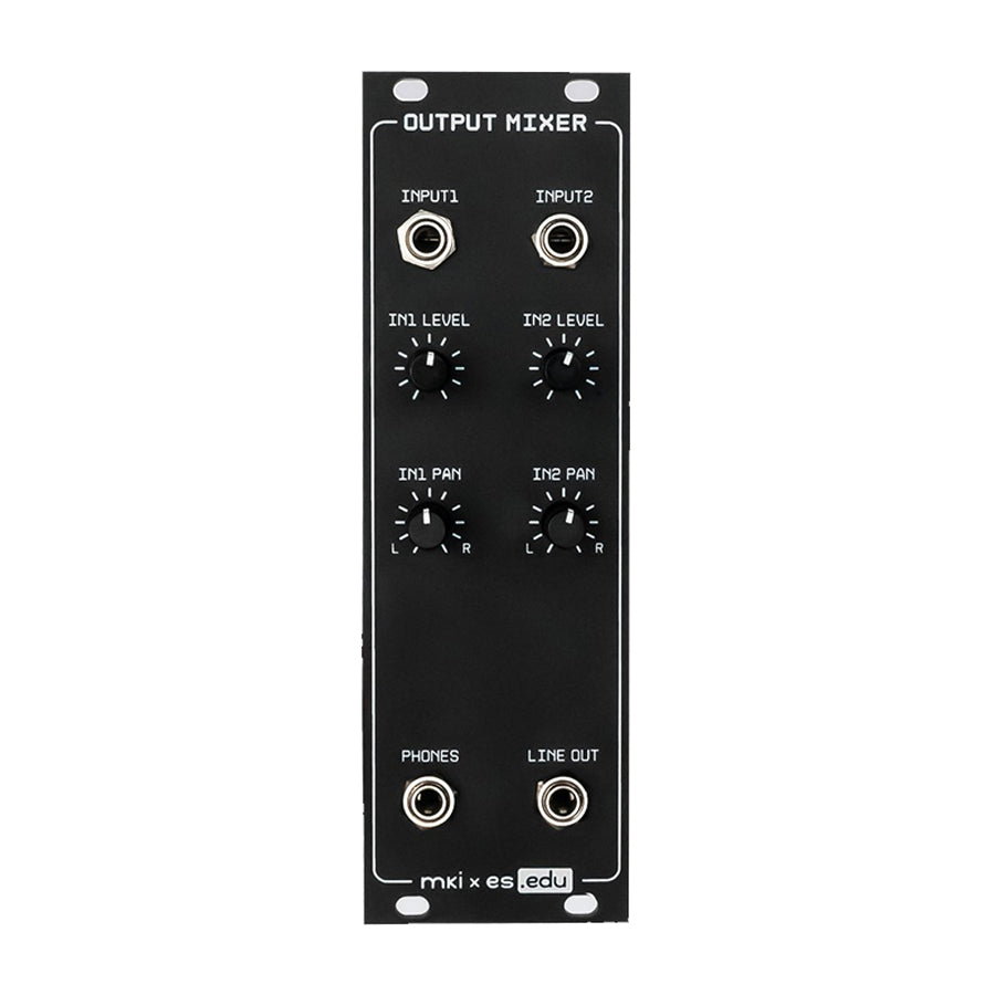 Black output mixer module with four rotary knobs and four 1/4 inch jack connectors.