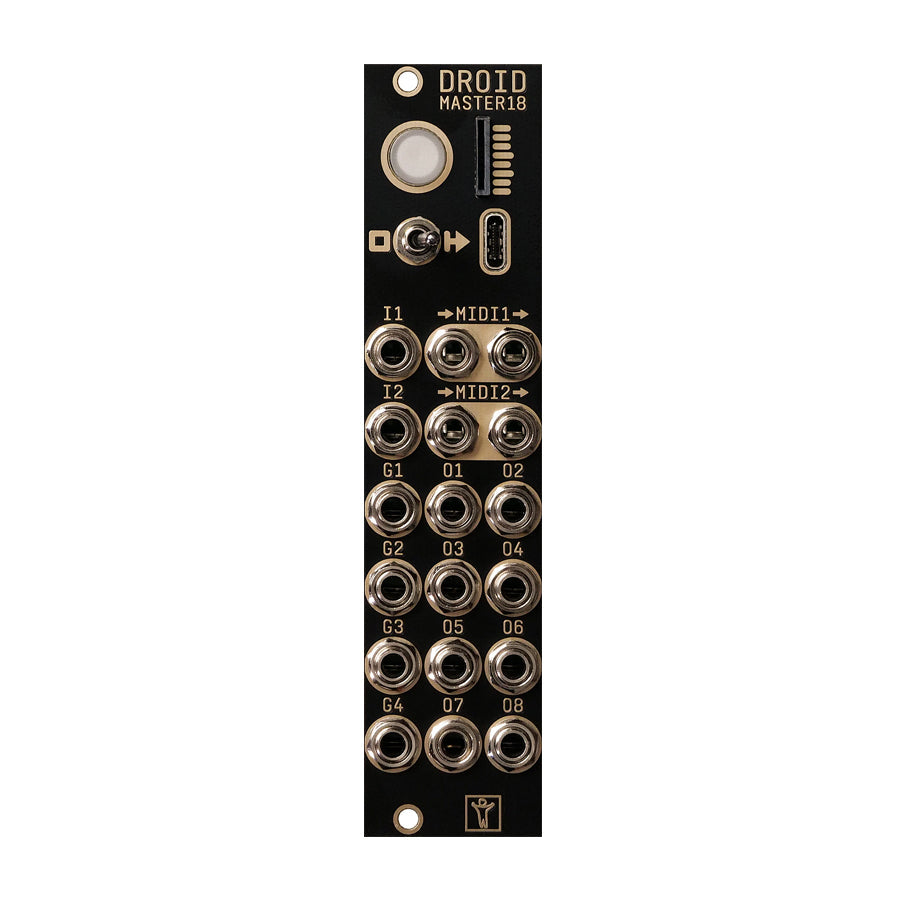 Black modular synthesizer Eurorack module with multiple 3.5mm jacks, a toggle switch, round white button, and USB-C port.
