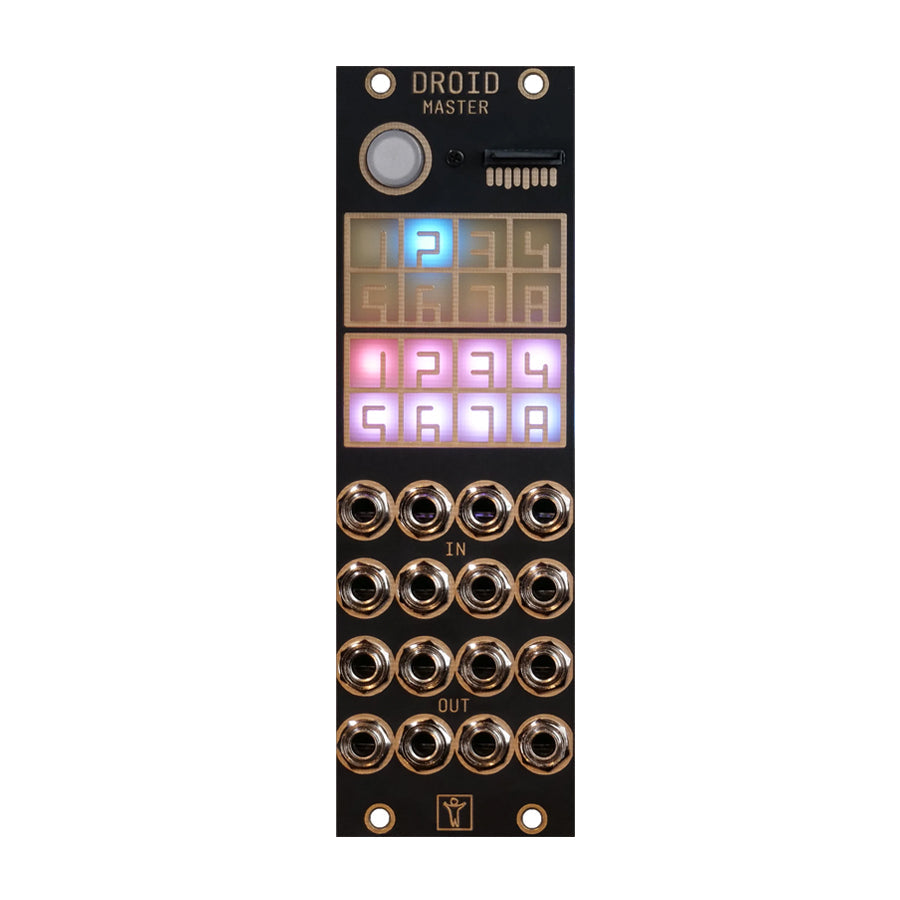 Black eurorack module labeled DROID MASTER with illuminated numbered grid, tactile button, and multiple jack sockets.