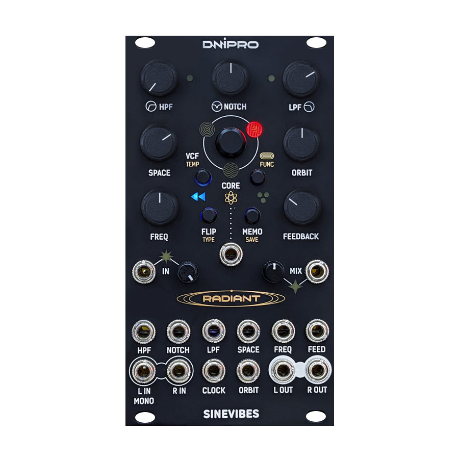 Black Eurorack module with multiple knobs, buttons, and patch cable jacks labeled with audio function terms.