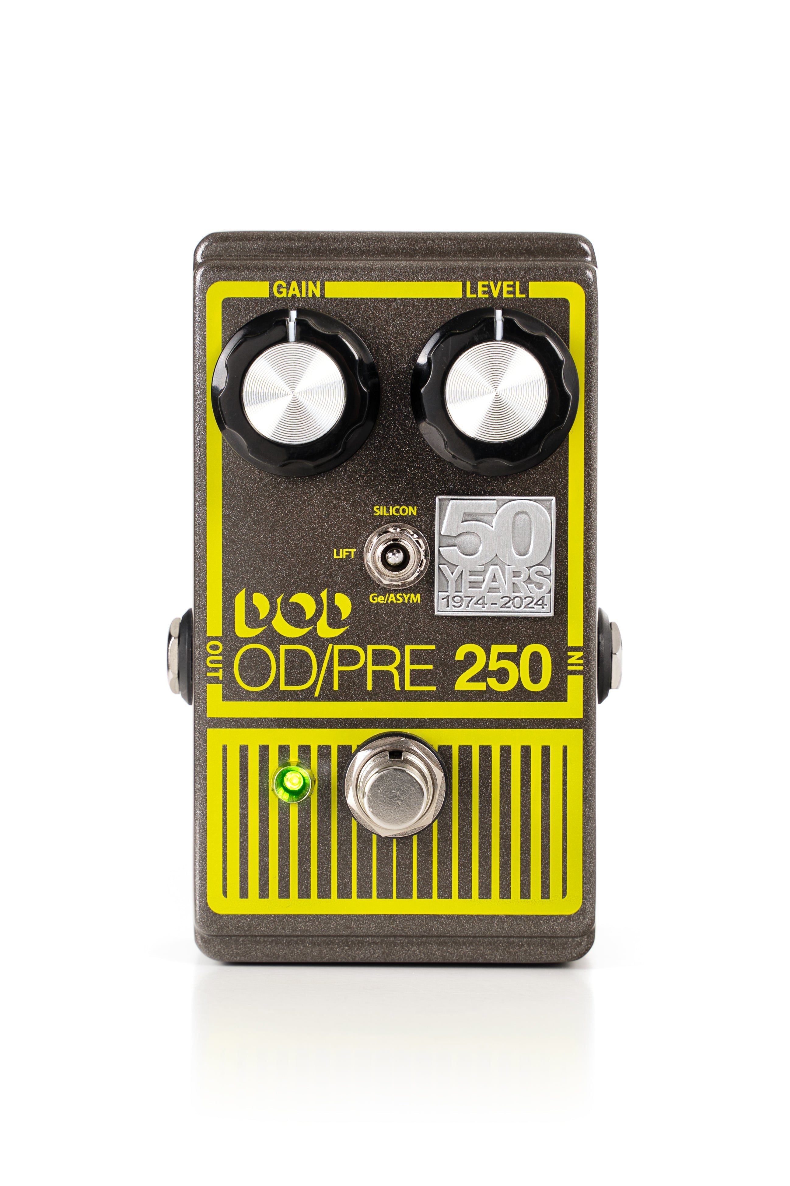 Gray and yellow guitar effects pedal with two knobs, a toggle switch, a footswitch, and LED indicator.