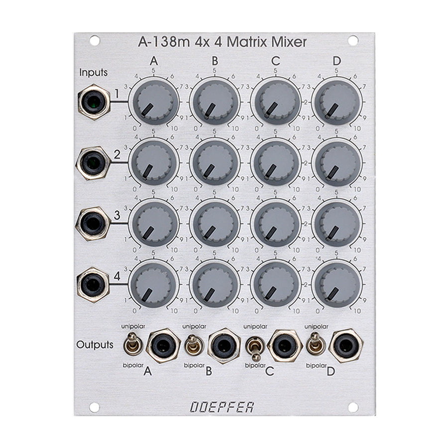 Doepfer A-138m module with four rows and four columns of rotary knobs, jacks for inputs and outputs, and toggle switches on a metal panel.