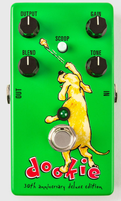 Green guitar effects pedal with dog graphic, four knobs, a button, and a footswitch.