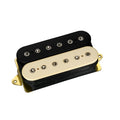 Double-coil humbucker guitar pickup with black and cream plastic covers and gold mounting base plate.