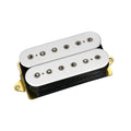 White double-coil electric guitar pickup with adjustable pole pieces on a gold mounting plate.