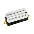 White humbucker guitar pickup with gold mounting plate and black coil wrapping.