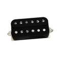 Black humbucker guitar neck pickup with metal baseplate and six adjustable pole pieces per coil