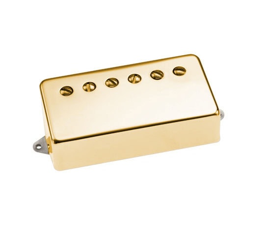 Gold-colored metal guitar pickup with six exposed polepiece screws on top and mounting tabs on each side.