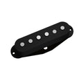 Black single-coil guitar pickup with six metal pole pieces and mounting holes on each side.