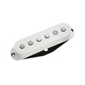 White electric guitar pickup with six visible pole pieces and black base plate shown on white background.