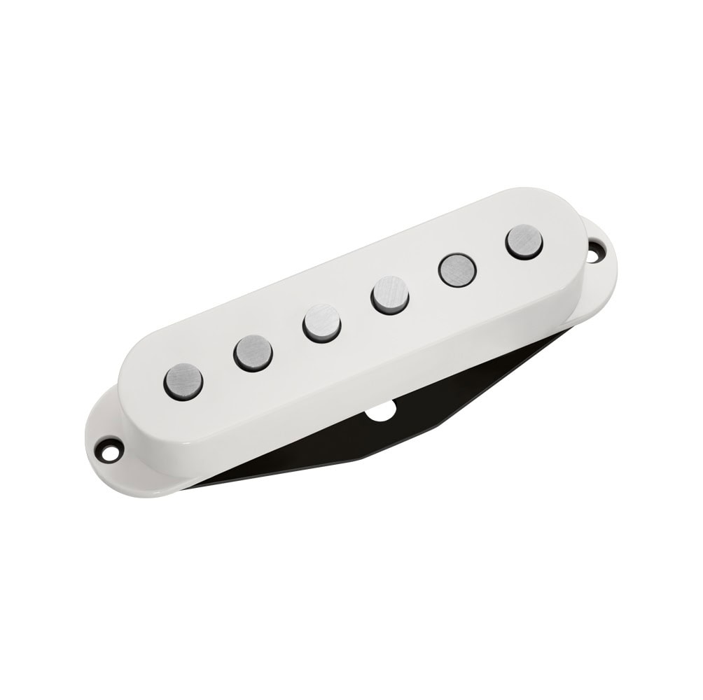 White single coil electric guitar pickup with six metal pole pieces and black mounting base.