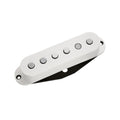 White guitar pickup with six silver pole pieces and black mounting plate.