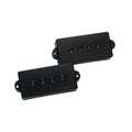 Two black rectangular bass pickups with four pole pieces and DiMarzio logo on each.