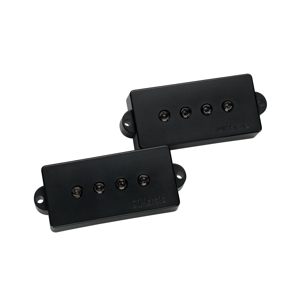 Two black rectangular bass pickups with four pole pieces and DiMarzio logo on each.